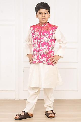 pink brocade nehru jacket set for boys