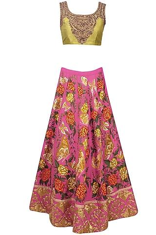 pink butterfly and floral embroidered lehenga and lime green blouse set