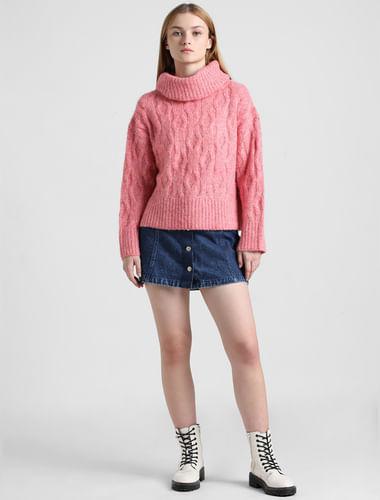 pink cable knit roll neck pullover