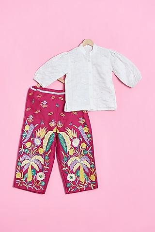 pink chanderi cotton embroidered pant set for girls