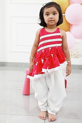 pink chanderi embroidered kurta set for girls