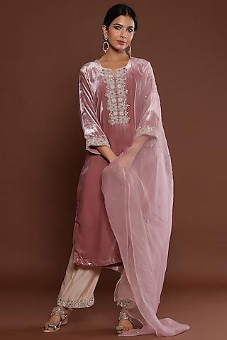 pink chanderi embroidered kurta set