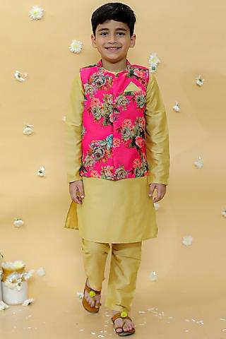 pink chanderi floral printed nehru jacket set for boys