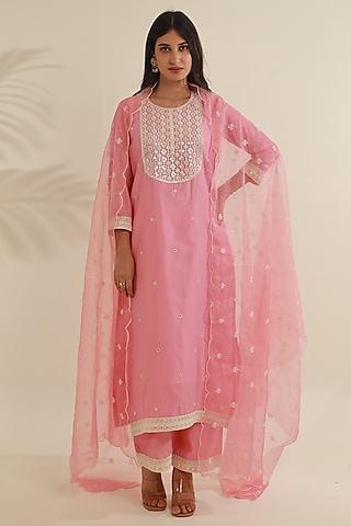 pink chanderi mirror embroidered straight kurta set