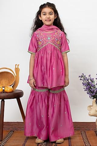 pink chanderi silk embroidered sharara set for girls