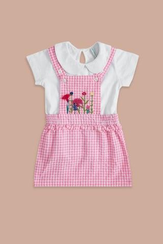 pink check knee length casual baby regular fit dungaree