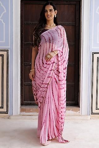 pink chiffon bandhani hand-dyed saree set
