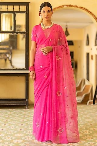 pink chiffon hand embellished saree set