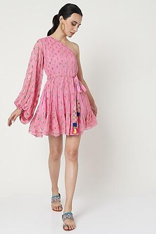 pink chiffon printed one shoulder dress