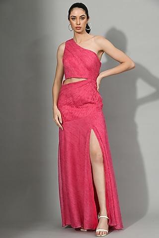 pink chiffon ruched gown