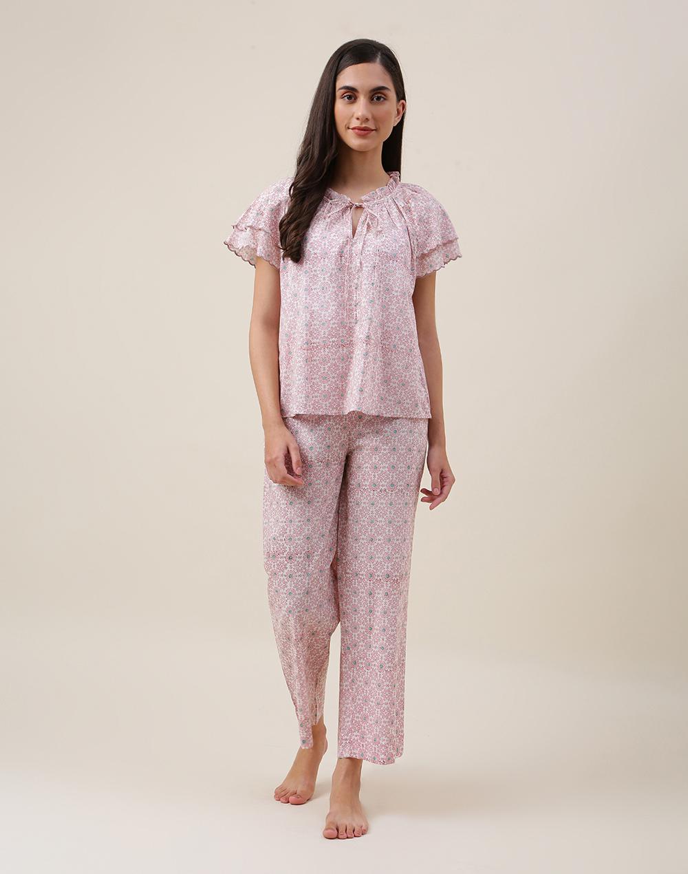 pink cotton  hand block print pyjama