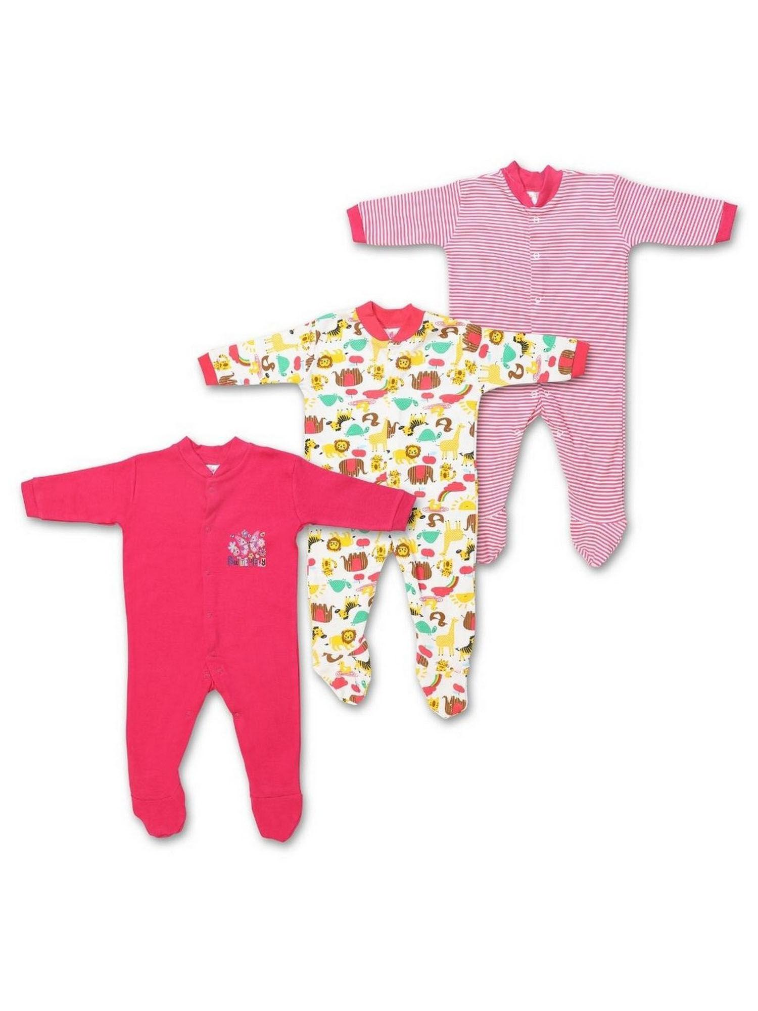 pink cotton baby unisex long sleeve sleepsuits romper (pack of 3)