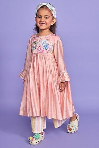 pink cotton chanderi & tabby silk printed & hand embroidered tunic set for girls
