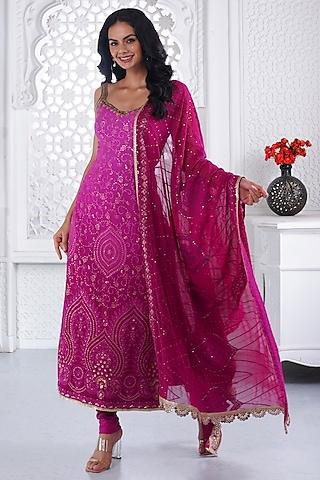 pink cotton chikan sequins & pearl embellished kurta set