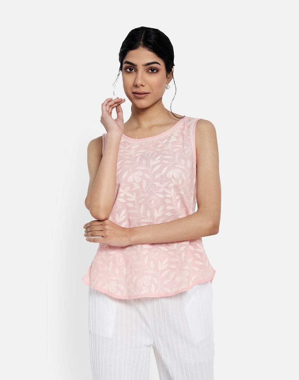 pink cotton chikankari embroidered top