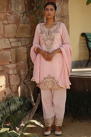 pink cotton dabka embroidered straight kurta set