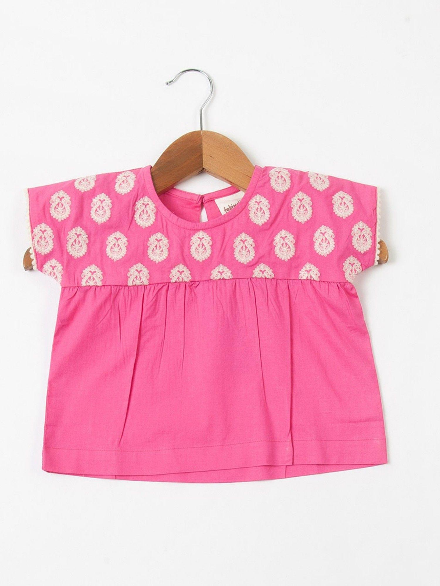 pink cotton embroidered short sleeves top