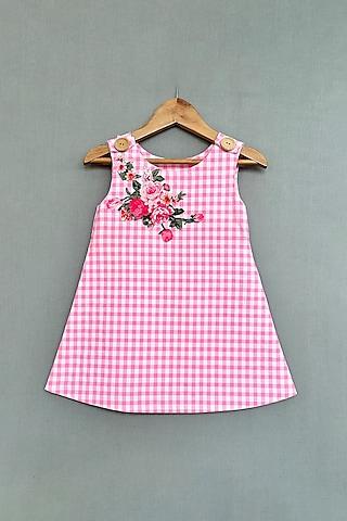 pink cotton gingham checks printed a-line dress for girls