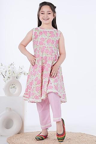 pink cotton hand block printed anarkali kurta set for girls