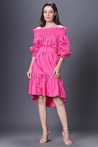 pink cotton hand embroidered off-shoulder dress