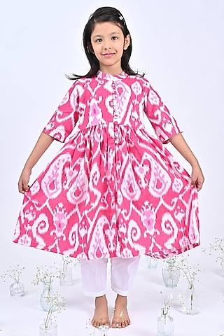 pink cotton ikat printed kurta set for girls