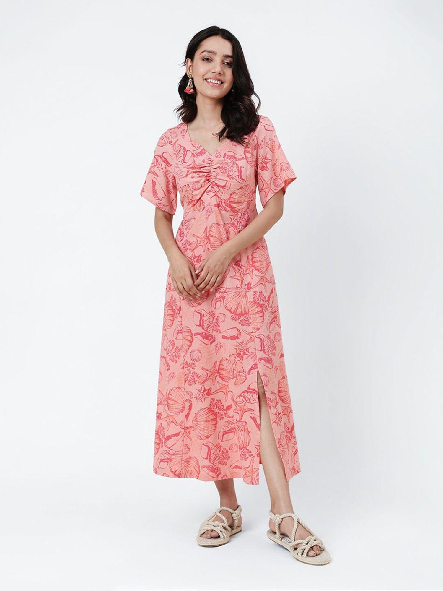 pink cotton linen printed midi dress