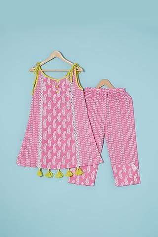 pink cotton printed a-line kurta set for girls