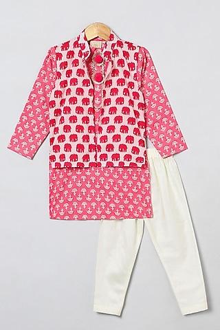 pink cotton printed nehru jacket set for boys