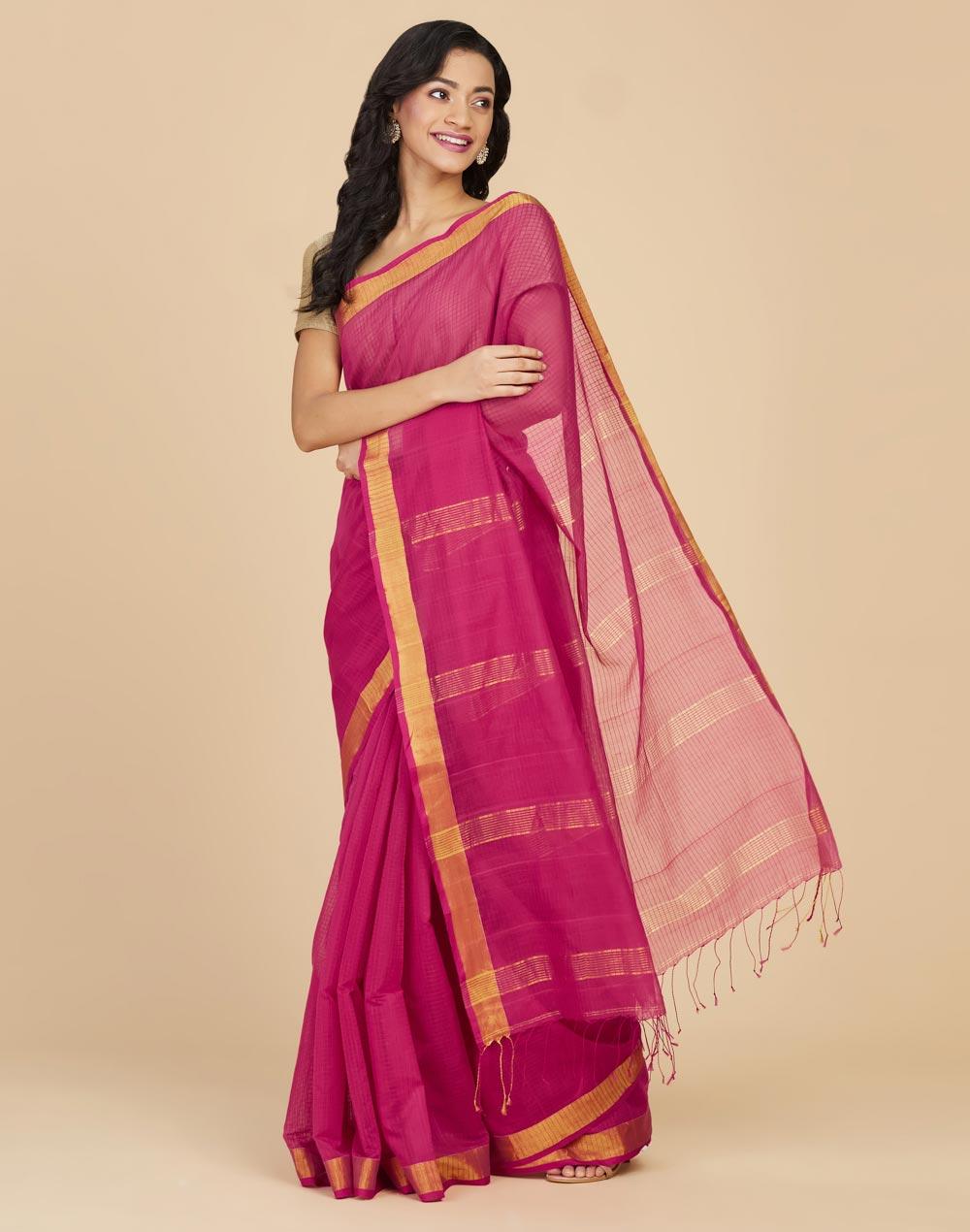 pink cotton silk hand woven sari