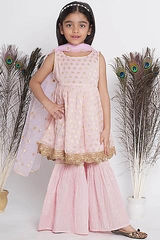 pink cotton viscose linen striped sharara set for girls