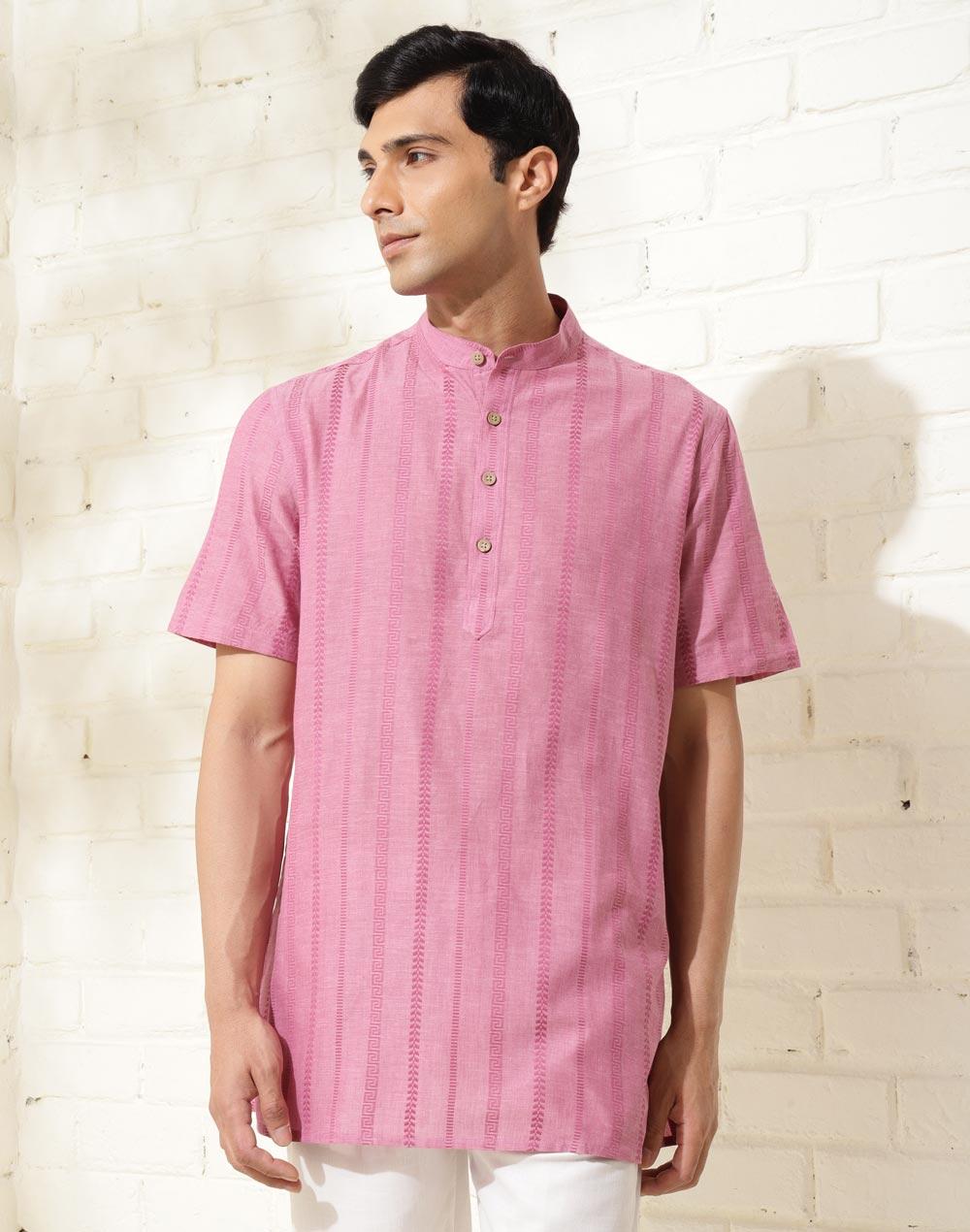 pink cotton woven short kurta