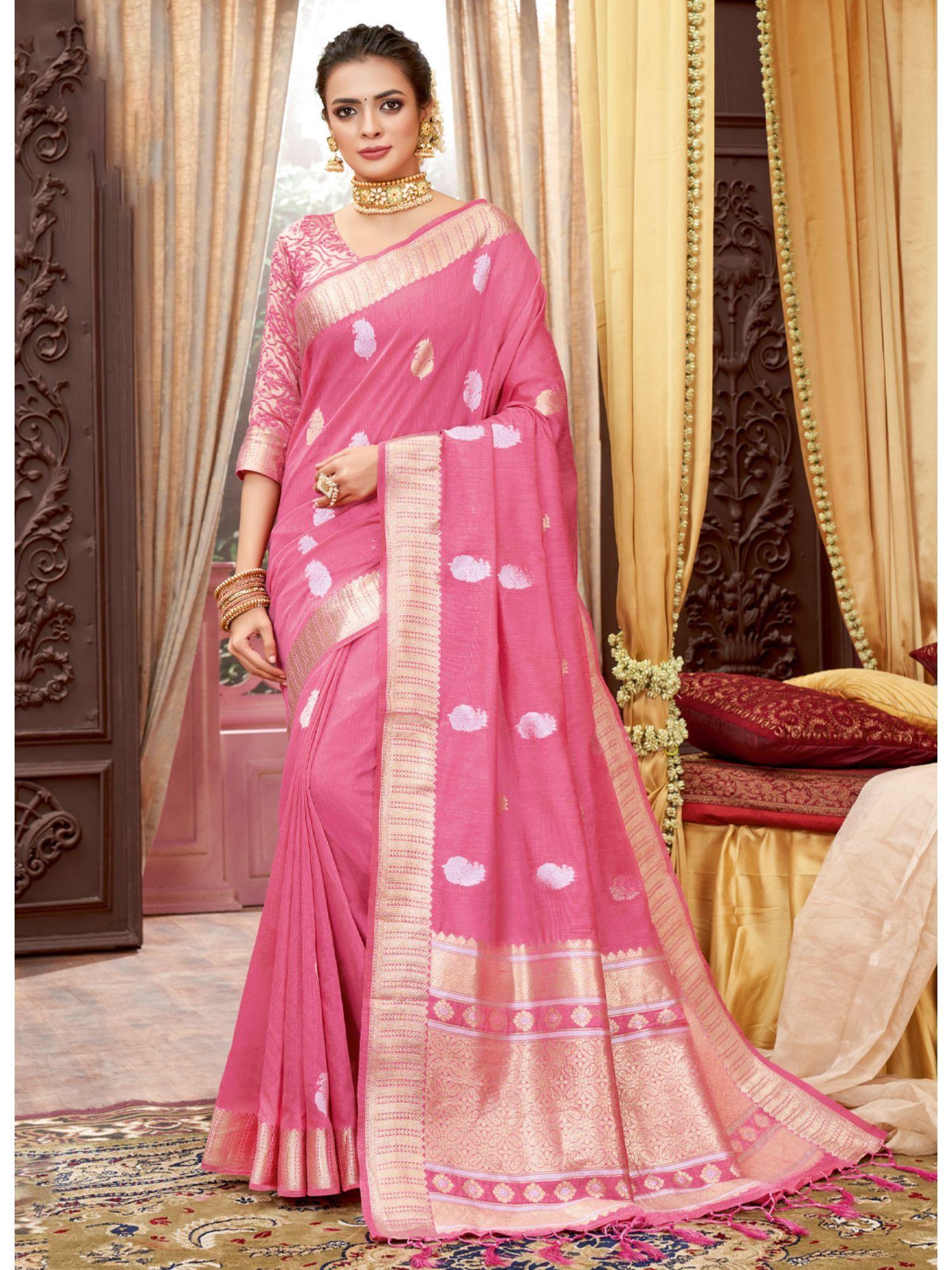 pink cotton zari work traditional tassel saree with unstitched blouse