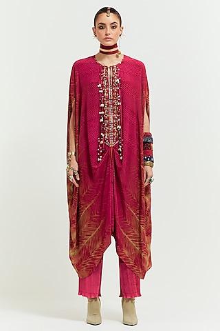 pink crinkled crepe shibori printed & resham embroidered tunic set