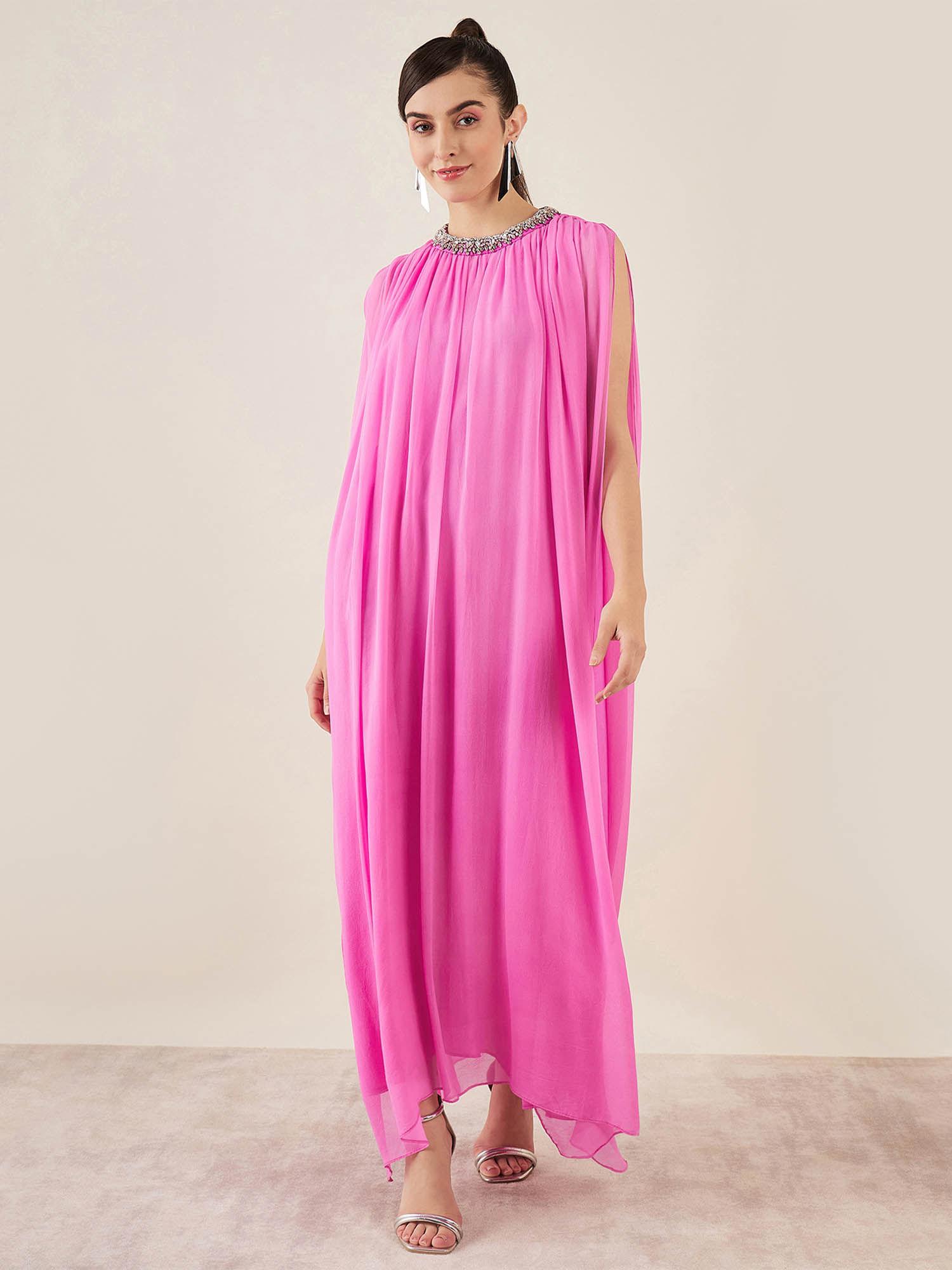 pink crystal embroidered & gathered silk full length dress
