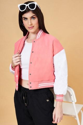 pink cut & sew casual  regular collar women regular fit  jacket