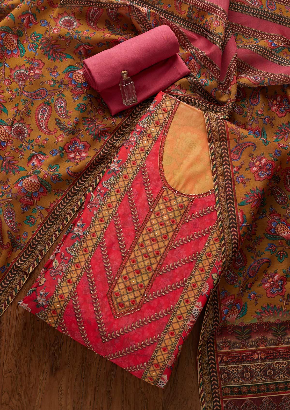 pink cutdana art silk unstitched salwar suit