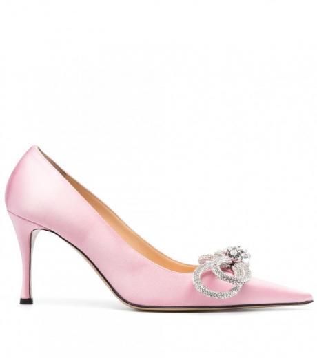 pink double bow satin heel pumps