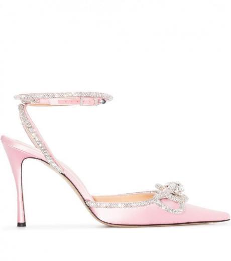 pink double bow satin high heel pumps