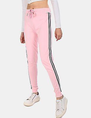 pink drawstring waist side tape cotton joggers