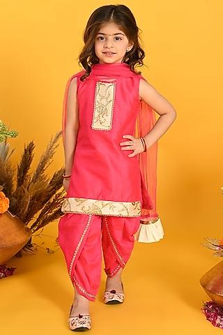 pink dupion embroidered kurta set for girls