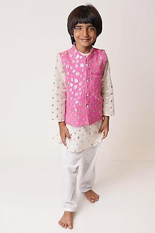 pink embellished bundi jacket with kurta set for boys