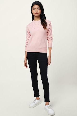 pink embellished winter wear full sleeves round neck women regular fit sweater