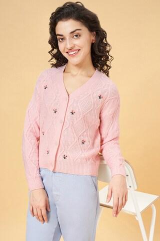 pink embroidered acrylic v neck women comfort fit shrugs