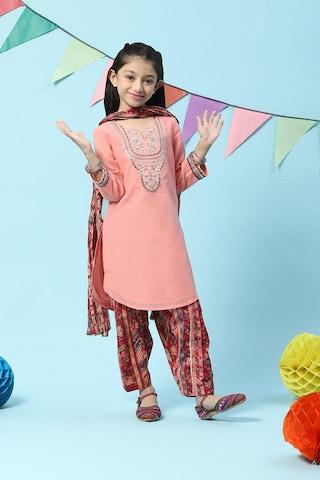 pink embroidered ankle-length ethnic girls straight fit patiala kurta dupatta set