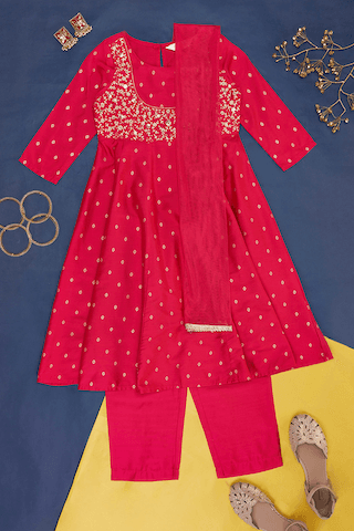 pink embroidered calf-length  ethnic girls regular fit  churidar kurta dupatta set