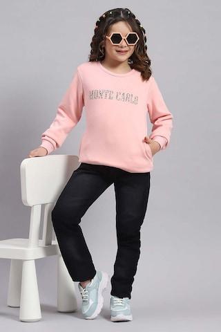 pink embroidered casual full sleeves crew neck girls regular fit sweatshirt