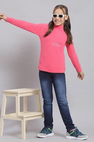 pink embroidered casual full sleeves high neck girls regular fit sweater