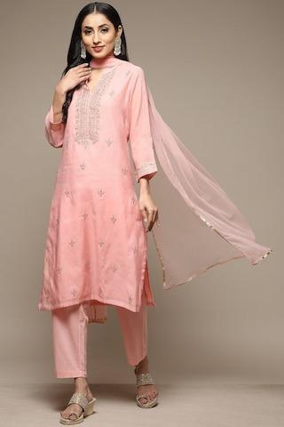 pink embroidered casual v neck 3/4th sleeves ankle-length women straight fit pant kurta dupatta set