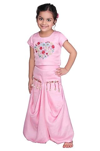 pink embroidered dhoti skirt set for girls