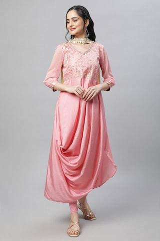 pink embroidered ethnic 3/4th sleeves v neck women loose fit churidar kurta dupatta set